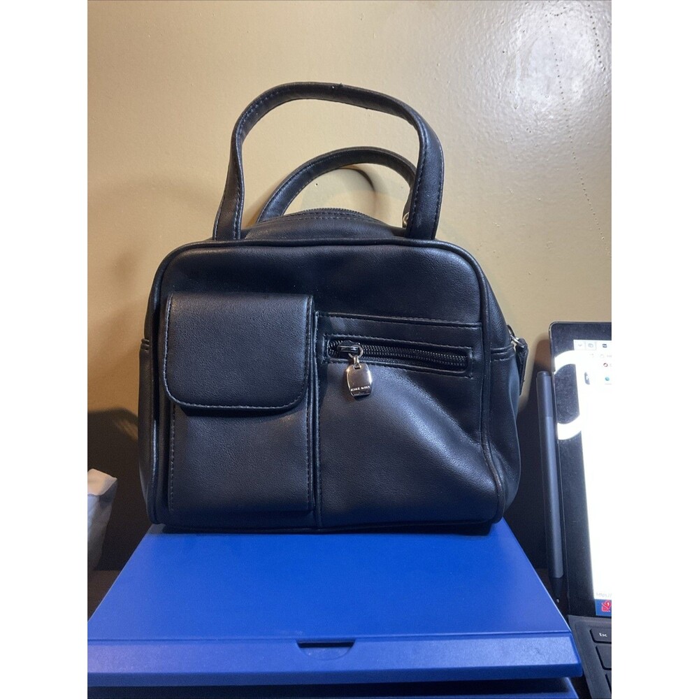 Nine West Mini Handbag Black Faux Leather Small Satchel Tote Double Handle Purse